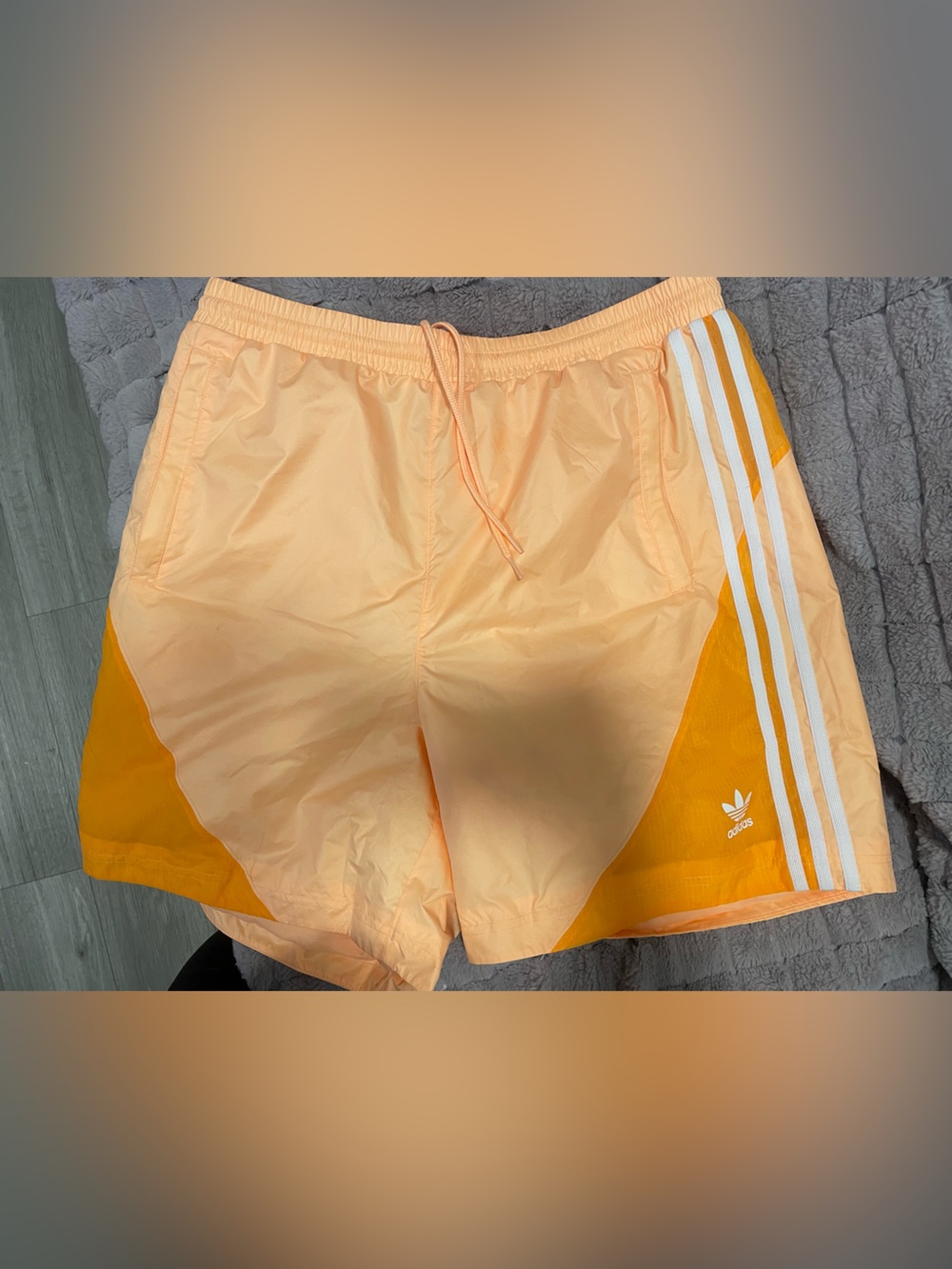 adidas Men’s Peach and Orange Athletic Shorts with White Stripes